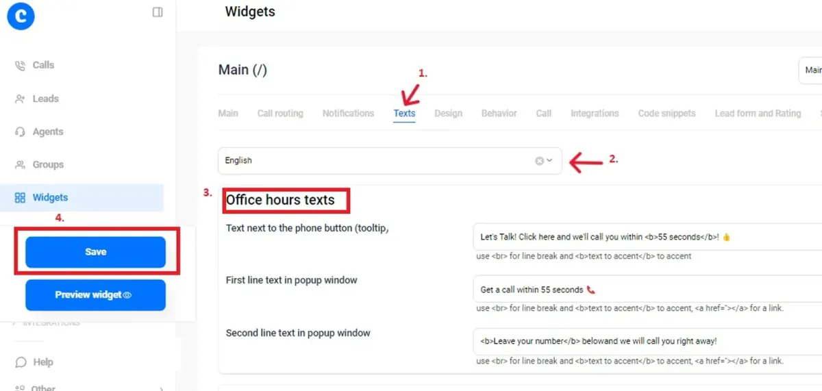 Dashboard screenshot showing call widget settings and a callback popup for scheduling customer calls