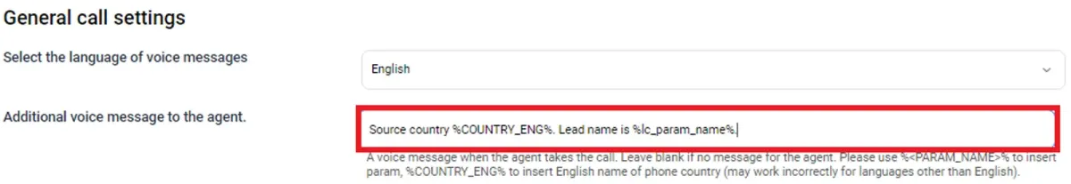 General call settings screen for voice agent messages with language, source country, and lead name variables