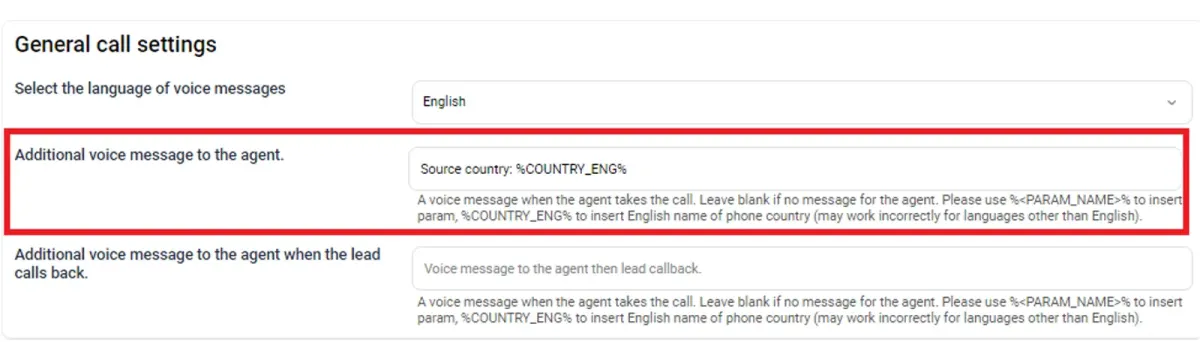 General call settings screen for AI voice agent messages and callback prompts