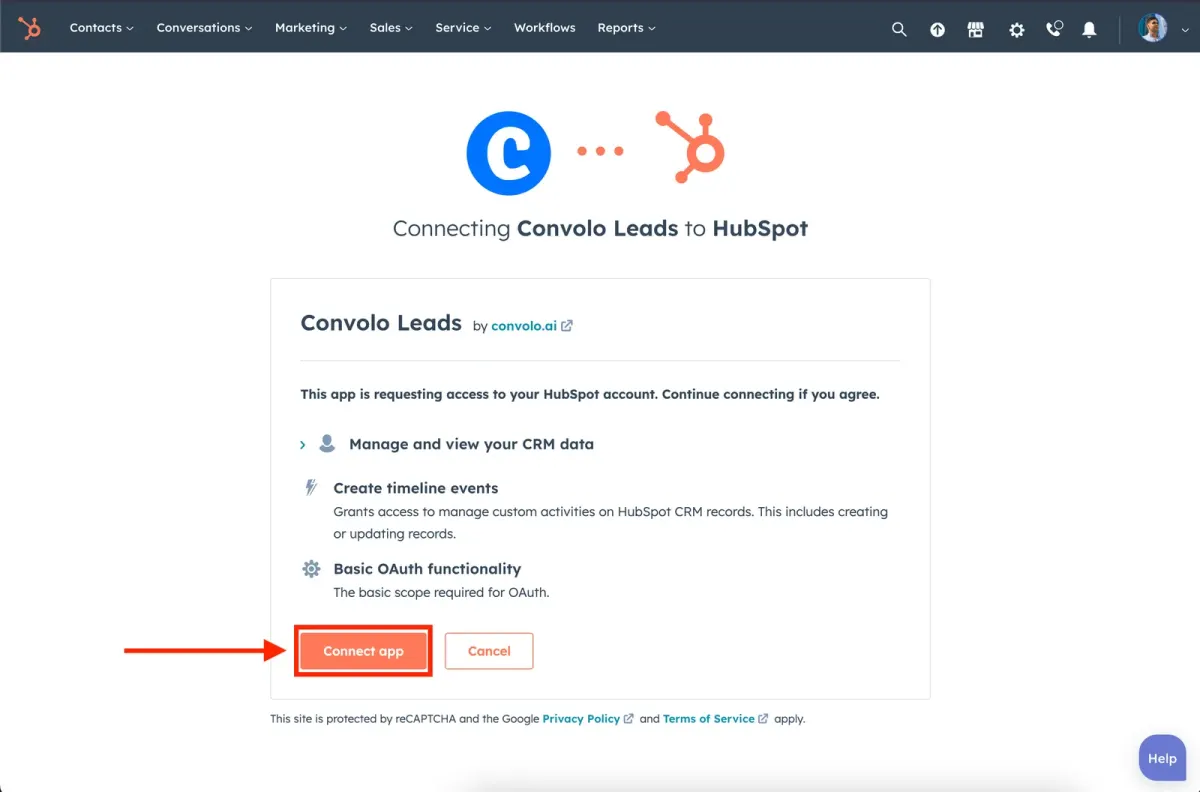 HubSpot screen requesting access to connect Convolo Leads, with CRM data and timeline event permissions