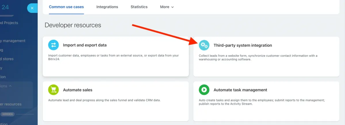 Screenshot of Bitrix24 integration options for importing data, syncing contacts, and automating leads, tasks, and reports