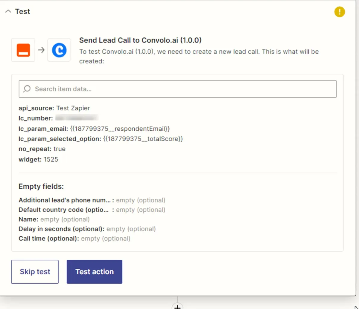 Zapier test interface creating a new lead call for Convolo.ai lead qualification