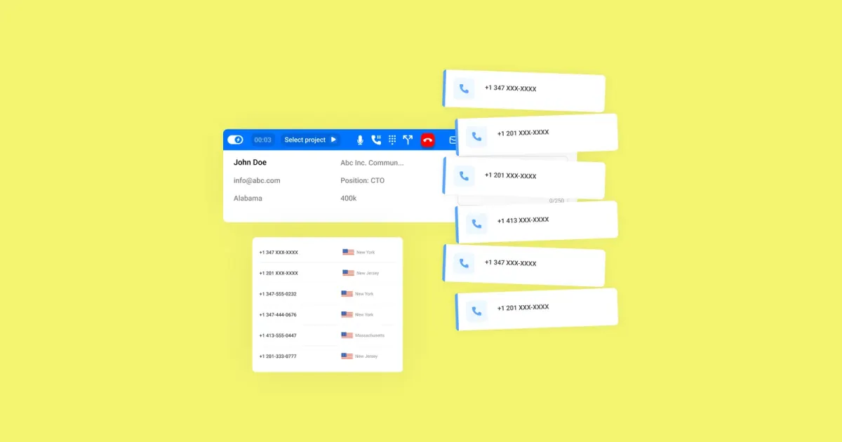 Power dialer interface showing a call timer, contact details, and outbound phone numbers for sales outreach