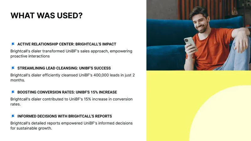 Brightcall power dialer case study notes lead cleansing, reports, and UniBF’s 15% conversion increase