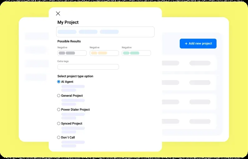 CRM project setup screen with options for AI Agent, General Project, Power Dialer Project, Synced Project, and Don't Call