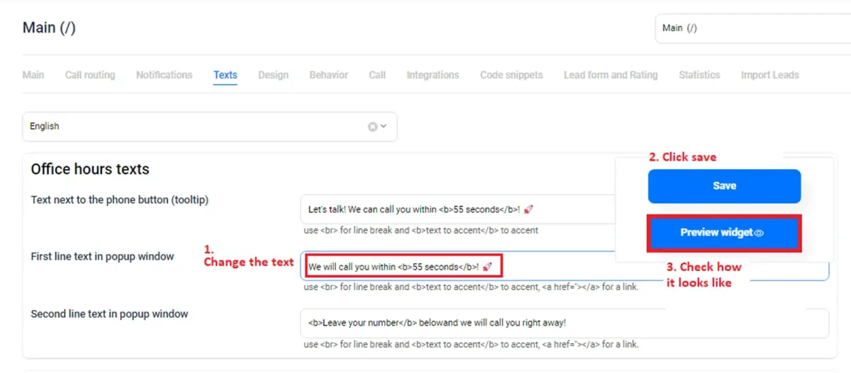 Screenshot of Brightcall callback text settings showing a 55-second call message for a speed to lead demo