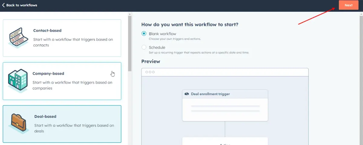 Workflow setup screen showing trigger options for contacts, companies, and deals for lead response automation